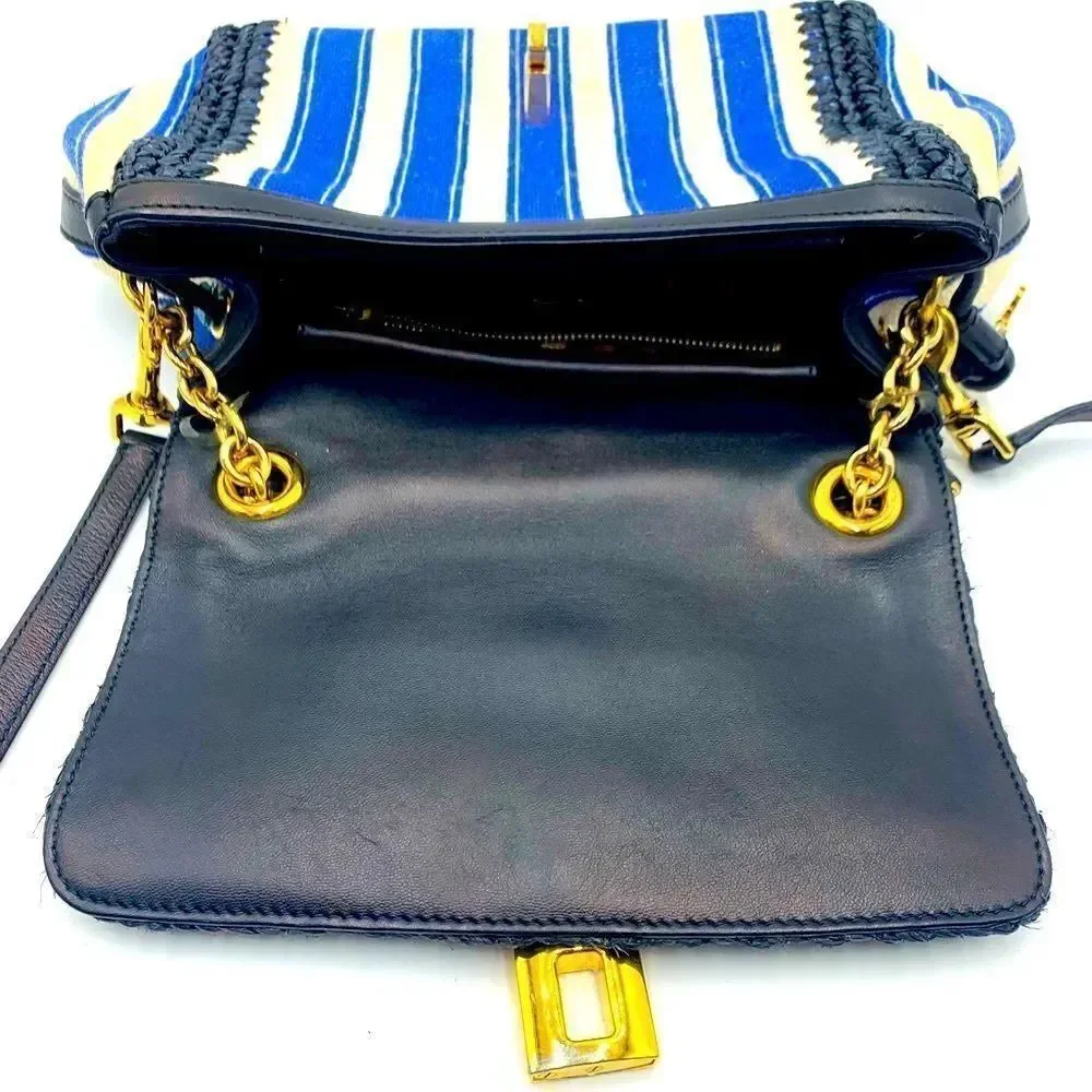 Auth Dolce & Gabbana Blue White Striped Canvas Raffia Handbag Lock Key Preloved